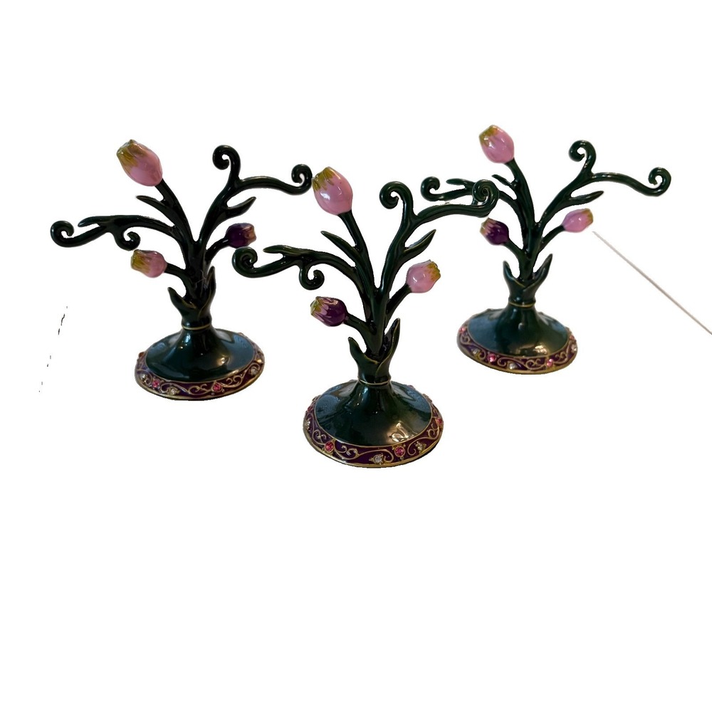 3 Rose Tree Enameled Metal‎ & Rhinestone Jewelry Earring Mini Display Stand Set